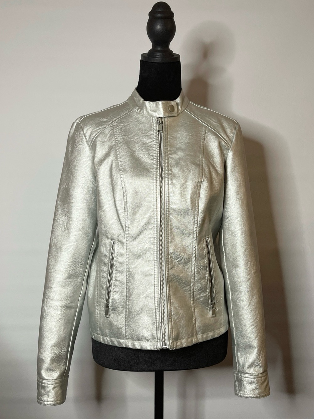 Baccini Silver Faux-Leather Moto Jacket